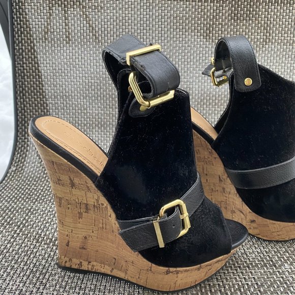~Ladies Shoe Dazzle Black Suede Gold Buckle Wedge Cork Slides/Heels~6.5M~NEW!~ - Picture 5 of 9